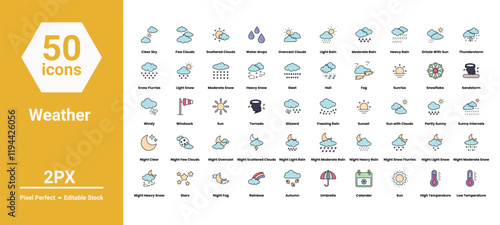 weather icons set such as, 	clear, climate, cloud, cloud computing, cold, colorful, forecast, icon, illustration, meteorology, moon, night, rain, rainy, seasons, set, sky, vector stock illustration