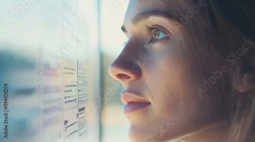 Close-up of a person intently examining a job listings board, with the board in sharp focus and a blurred background, highlighting the person's concentration and interest in job opportunities. photo