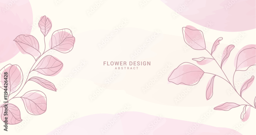 Fototapeta premium Spring flower abstract clipart background. Flowers and leaves in pink watercolor drawing for greetings, wishes, invitation and wallpaper design. Vector illustration spring abstract card design.