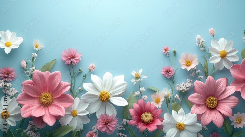 Vibrant pink and white blossoms against a soft blue background Vibrant pink and white blossoms against a soft blue background
