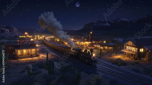 Wild west steam train at night western town with railroad, vintage locomotive, desert landscape, cacti and old wooden city buildings hotel, post, saloon, sheriff and church cartoon vector illustration