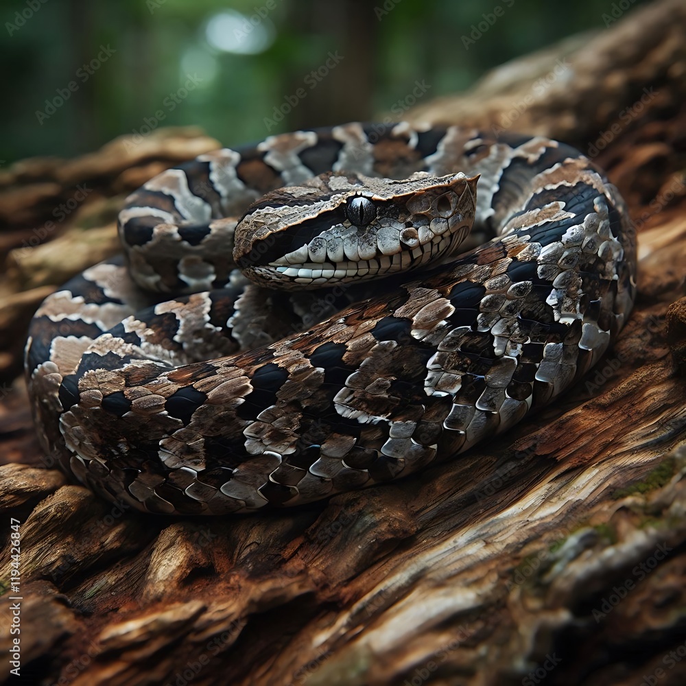 The snake has detailed patterns in shades of brown and gray, blending seamlessly with the rough tree bark in a tropical forest.ai generative The snake has detailed patterns in shades of brown and gray, blending seamlessly with the rough tree bark in a tropical forest.ai generative