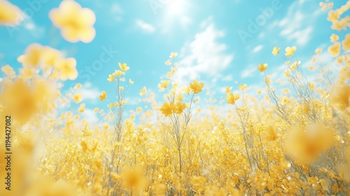 Bright yellow flowers in a sunny meadow with clear blue skies