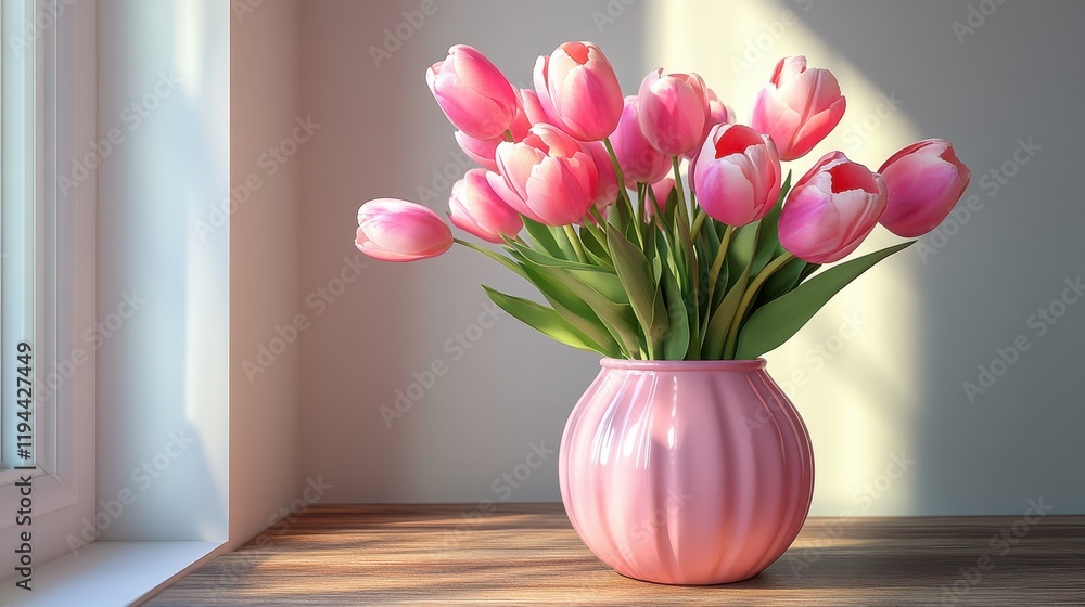 Fototapeta premium Vibrant pink tulips in a vase by sunlit window