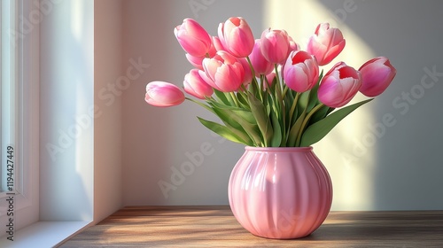 Wallpaper Mural Vibrant pink tulips in a vase by sunlit window Torontodigital.ca