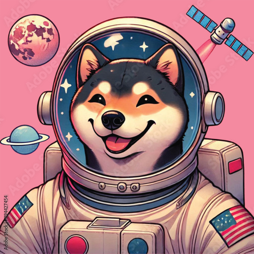 a cute happy shiba inu astronaut on a pink background, digital art