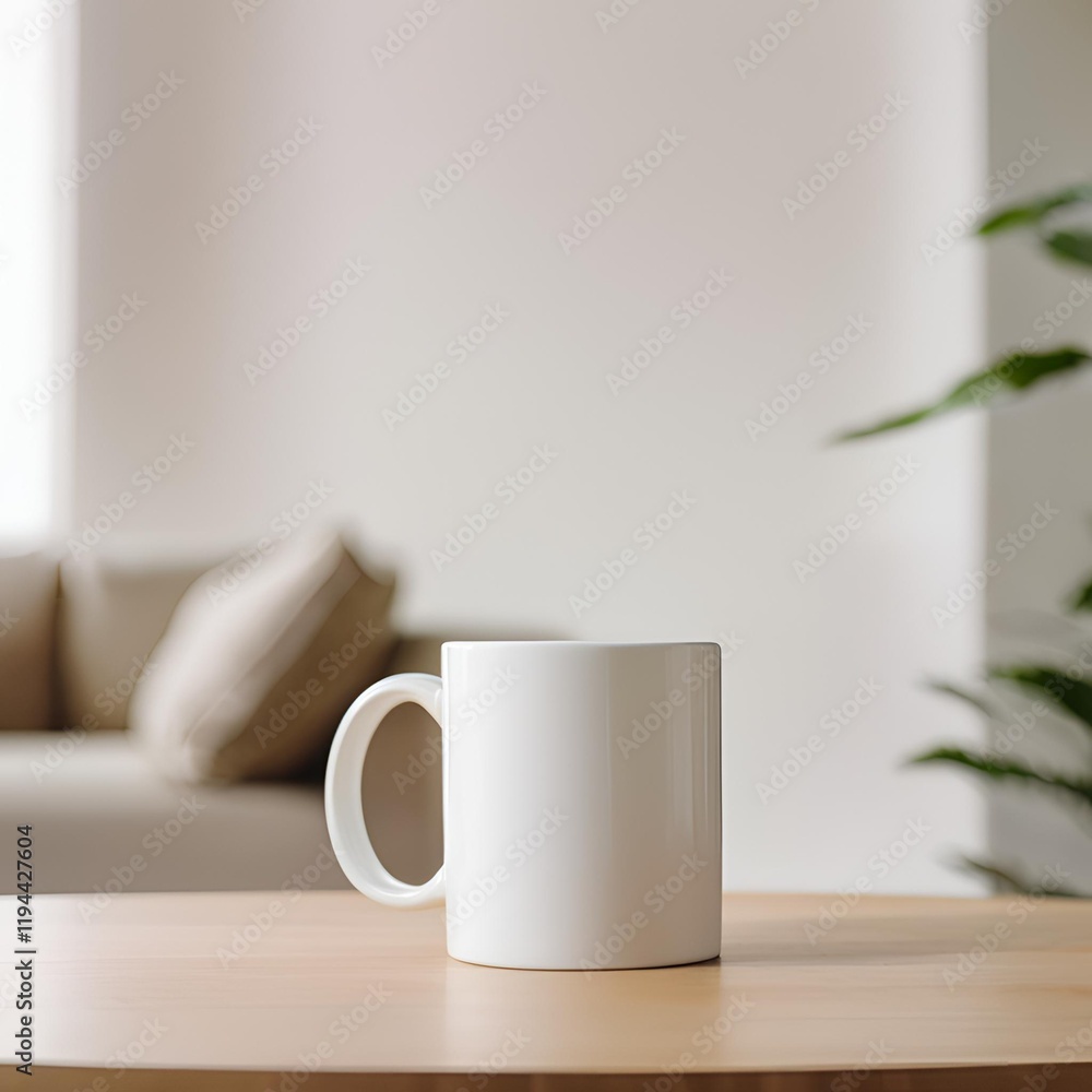 Blank white mug close up mockup on kitchen blur background. Blank white mug close up mockup on kitchen blur background.