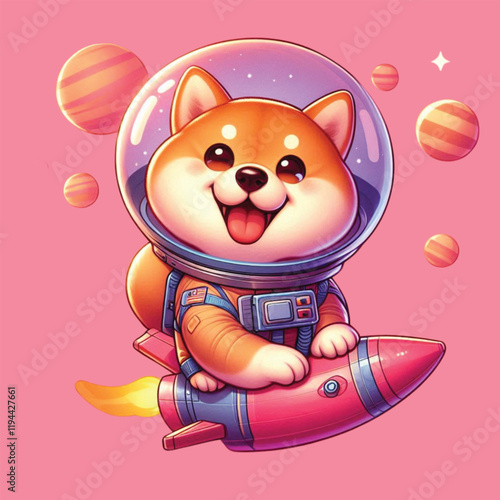 a cute happy shiba inu astronaut on a pink background, digital art