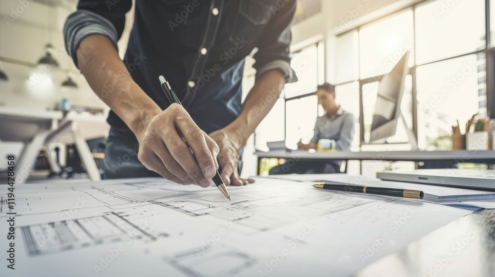 A focused shot of an architect sketching blueprints in a modern office environment, Architectural design studio scene, Creative process style A focused shot of an architect sketching blueprints in a modern office environment, Architectural design studio scene, Creative process style