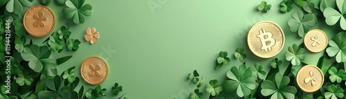 Gold Coin Surrounded by Shamrocks in Flat Style for St  Patrick s Day photo