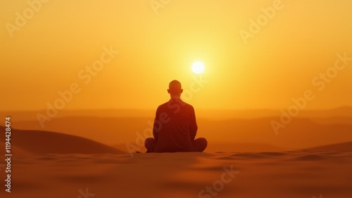 Minimalist imagery of a monk in silent meditation amidst a desert landscape at sunset, embodying peace, stillness, and introspection.