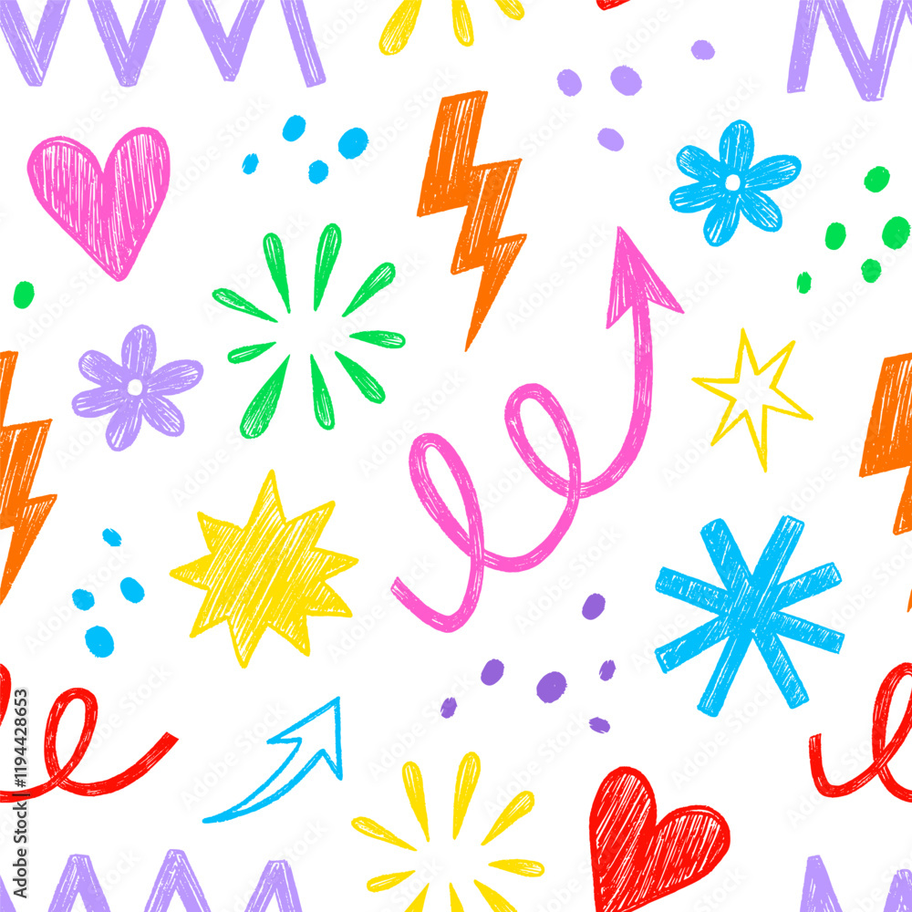 Kid shape color seamless pattern background. Crayon scribble fun children color hand drawn pencil brush shape seamless background. Abstract pattern crayon children pattern design. Vector illustration Kid shape color seamless pattern background. Crayon scribble fun children color hand drawn pencil brush shape seamless background. Abstract pattern crayon children pattern design. Vector illustration