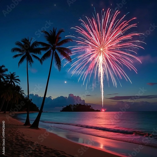 A beach with palm trees and a beautiful ocean view. The sky is filled with fireworks, creating a festive atmosphere