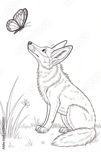 A cute jackal with its head tilted, watching a butterfly, outlined simply in black, drawn as an outline sketch, only black lines, no colors, simple and clean for a children's coloring book. photo