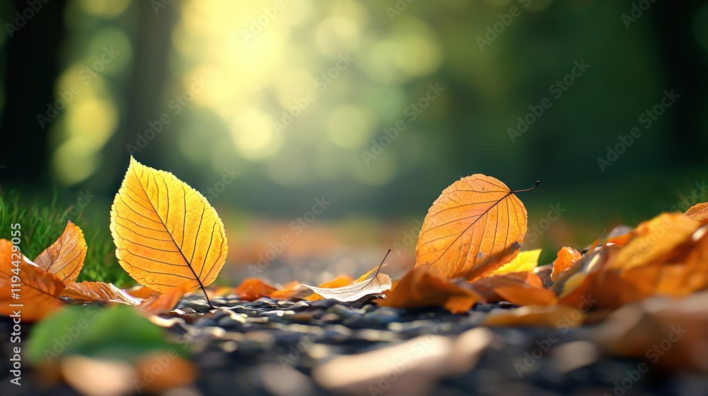 Autumn leaves scattered on a path, capturing seasonal beauty. Autumn leaves scattered on a path, capturing seasonal beauty.