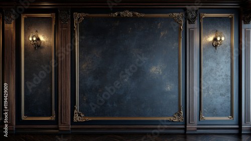 Fototapeta Naklejka Na Ścianę i Meble -  Classic panel wall for luxury vintage interior. Black wall with wood borders, frames and moldings. Elegant decoration for house, hotel or office, vector realistic background