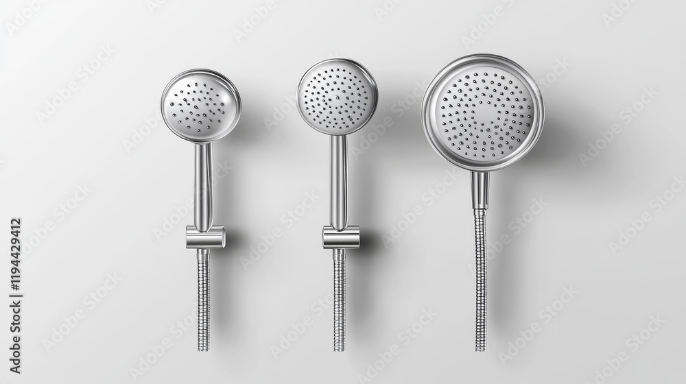 Metal shower head and tap with falling water isolated on transparent background. Vector realistic set of chrome sprinkler with hose and faucet with water spray. Equipment for douche and bath Metal shower head and tap with falling water isolated on transparent background. Vector realistic set of chrome sprinkler with hose and faucet with water spray. Equipment for douche and bath