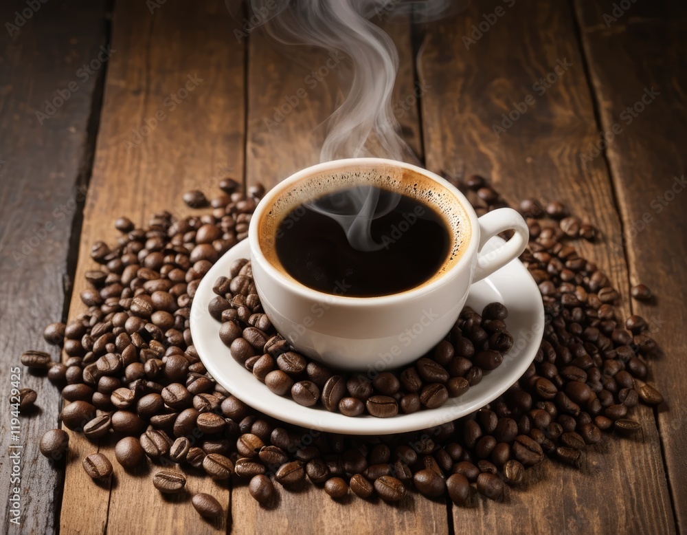 Aromatic Steam Rising from a Cup of Black Coffee Surrounded by Roasted Beans on Rustic Wood Aromatic Steam Rising from a Cup of Black Coffee Surrounded by Roasted Beans on Rustic Wood