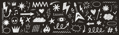 Hand drawn rock punk music star grunge tattoo doodle icon element set. Crayon brush stroke hand drawn sketch style doodle rock punk lightning tattoo. Crayon scribble music star vector illustration.