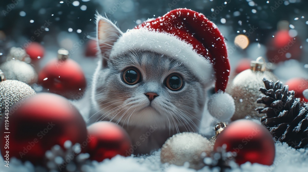 Adorable kitten in santa hat surrounded by festive christmas ornaments in snow Adorable kitten in santa hat surrounded by festive christmas ornaments in snow