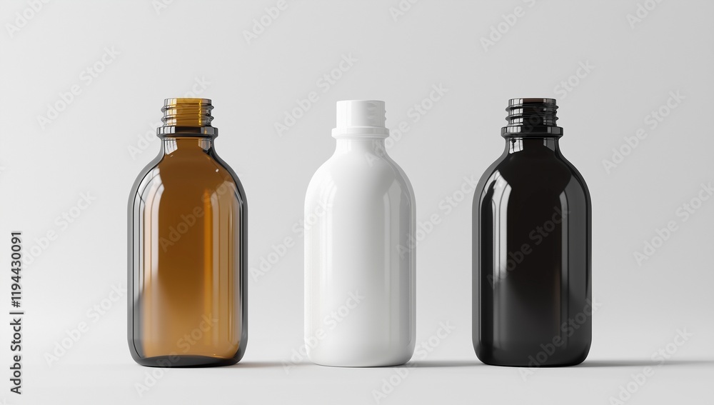 Set of three health product bottles, simple, neutral backdrop. Set of three health product bottles, simple, neutral backdrop.