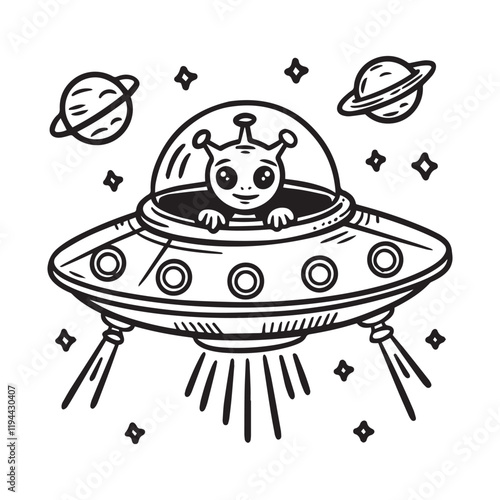 Alien flying spaceship outline vector, ufo vector, Design element, Alien spaceship t shirt Design photo