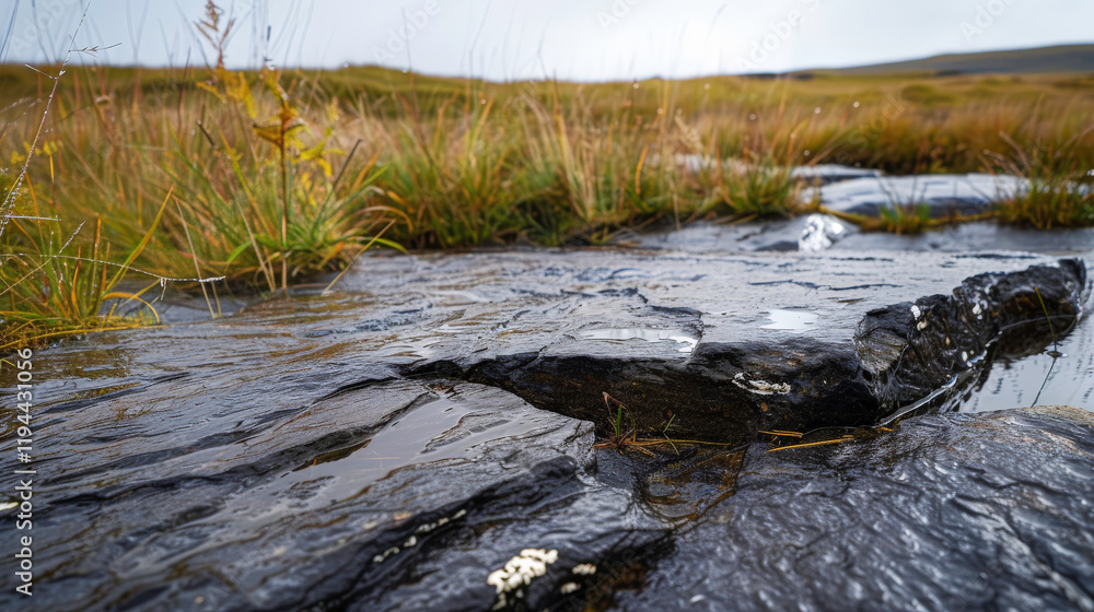 Obraz premium Tranquil Wetland Landscape with Mossy Rock Formation Surrounded by Grasses and Soft Focus Scenery in Natural Environment