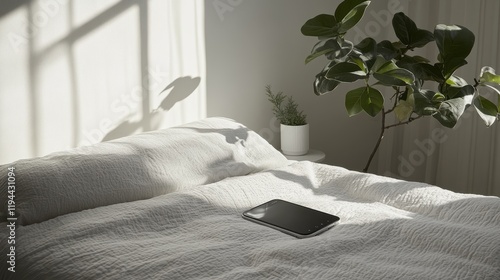 Serene Bedroom Setting: Sunlight Dapples White Bedding, Tablet Resting on Crisp Cotton Sheets, Beside a Potted Plant