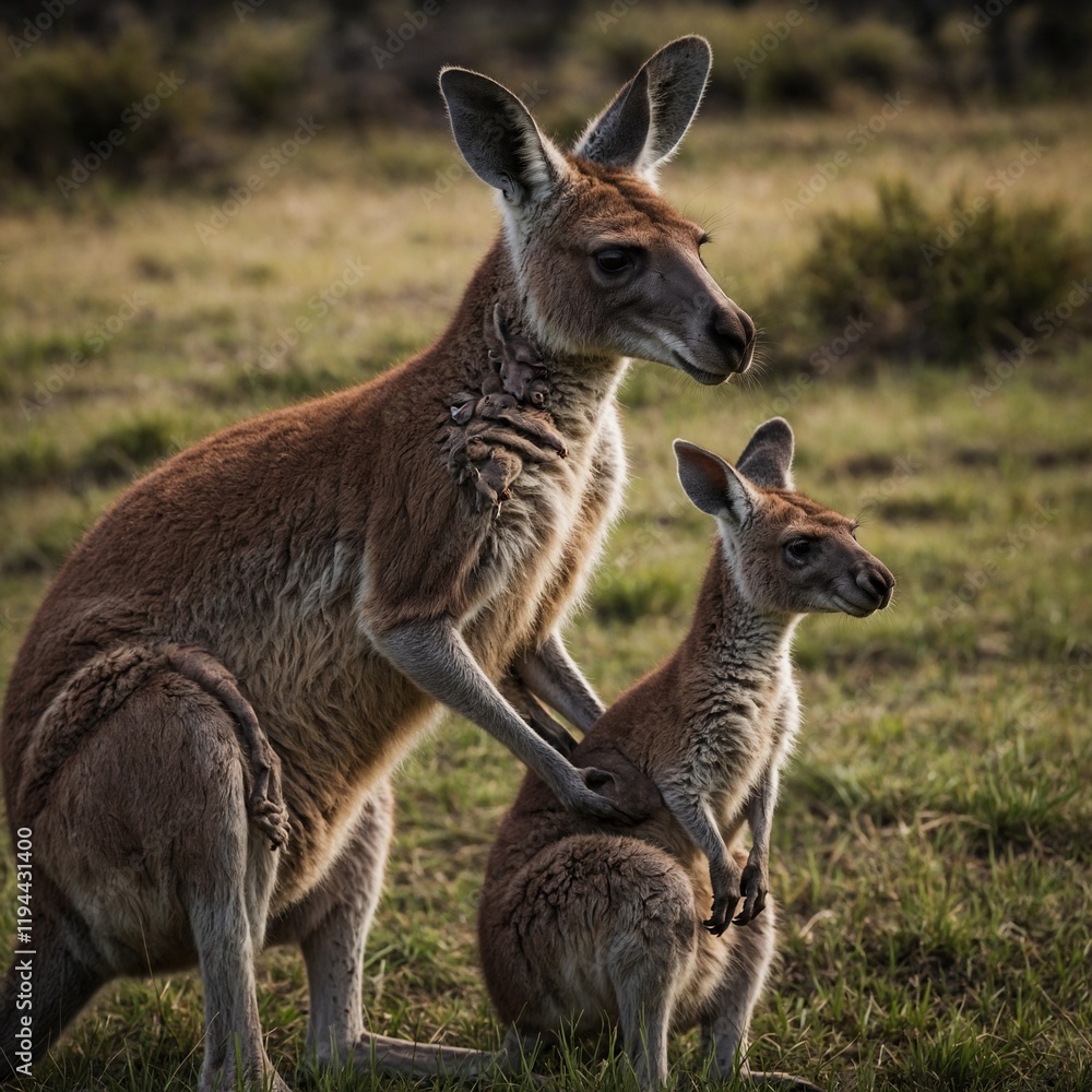 Fototapeta premium Photograph a kangaroo with its joey in its pouch.