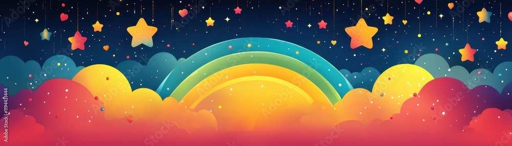 Fototapeta premium Vibrant flat rainbow surrounded by festive accents against a starry night sky backdrop with
