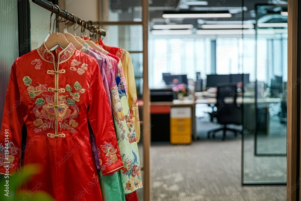 Fototapeta premium On Traditional Chinese Dress Day, employees come to work dressed in colorful silk qipaos and embr, Generative AI