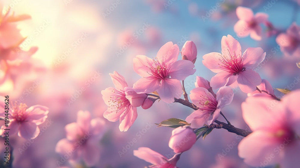Obraz premium Blossoming pink cherry blossoms in sunlight