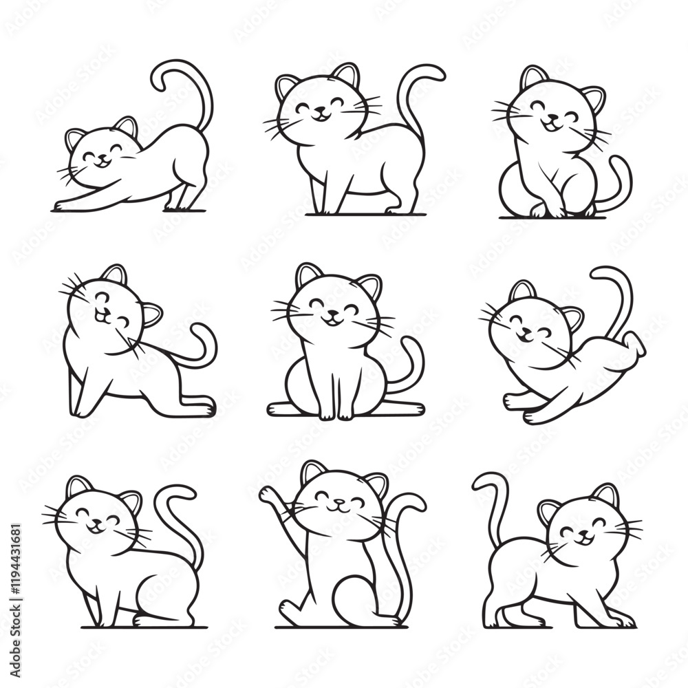 Fototapeta premium Hand-drawing cats vector art, cats yoga pose vector, set of cat outline