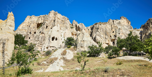 Goreme National Park, Turkey. Traditional tuff mountains in Cappadocia. Cave city, ancient buildings