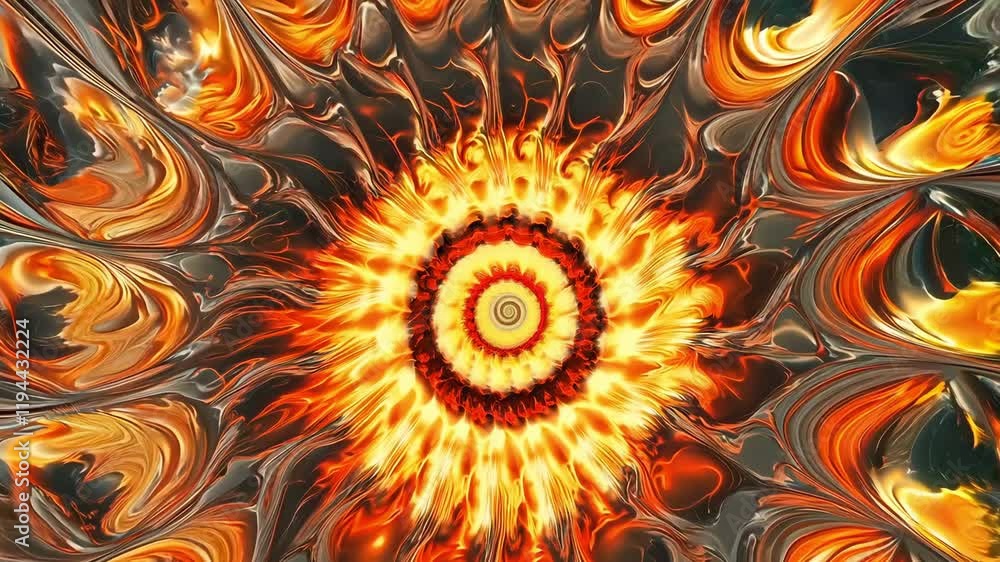 A digitally enhanced abstract depiction of ammonite fossils in a swirling fractal pattern with warm earthy tones and intricate textures.