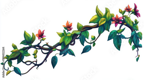 Fototapeta Naklejka Na Ścianę i Meble -  Twisted liana branch with green leaves and flowers. Cartoon vector illustration of jungle long tangled climbing plant vine with foliage. Game ui design assets of creeper ivy tree trunk with vegetation