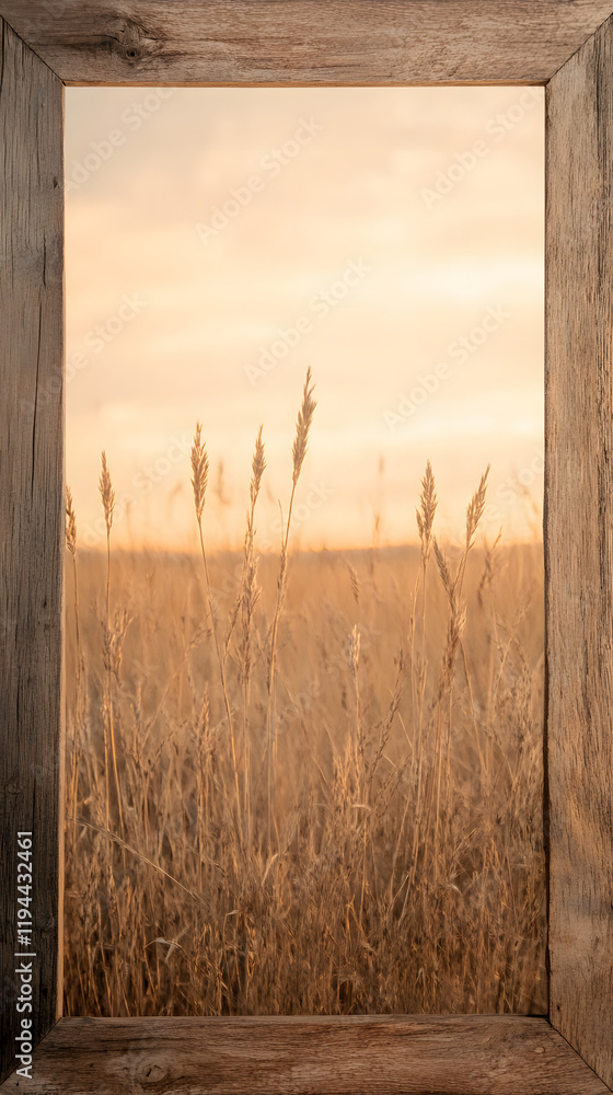 Fototapeta premium rustic wooden frame showcases golden grass at sunset, creating serene view