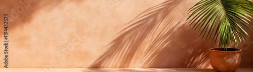 Earthy terracotta wall with dramatic palm shadows and potted plant