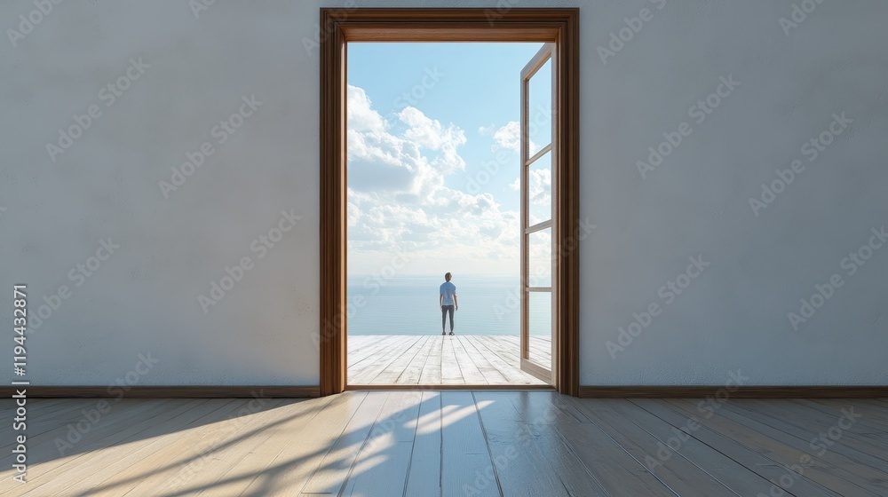 Fototapeta premium Young male standing on balcony overlooking sunny ocean view through open door