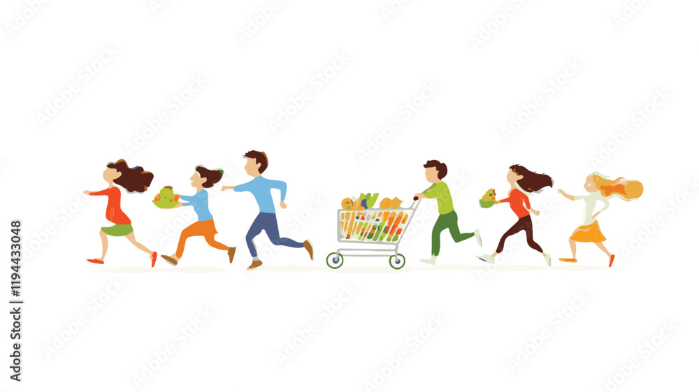 Happy Shoppers with Grocery Carts and Baskets Happy Shoppers with Grocery Carts and Baskets