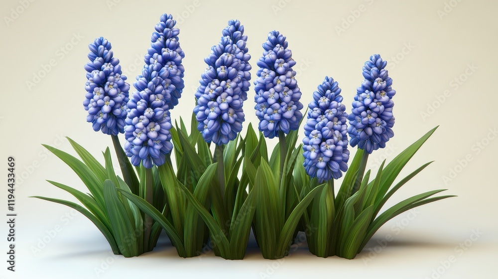 Obraz premium Lush blue hyacinth blooms with green foliage on light background