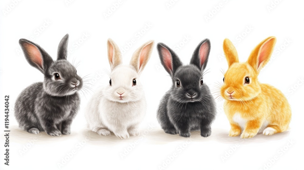 Illustration of four rabbit in different colors on a white background Illustration of four rabbit in different colors on a white background