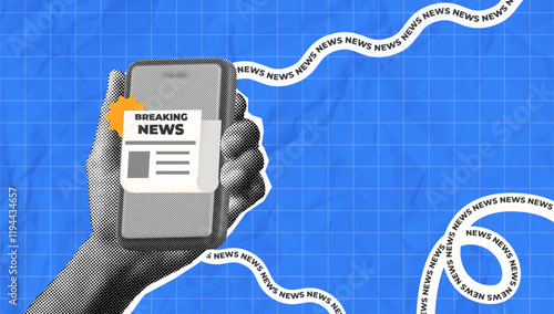 halftone collage trend, Breaking news alert concept with a smartphone in hand on a blue grid background. white space, media, journalism, or news apps. modern design