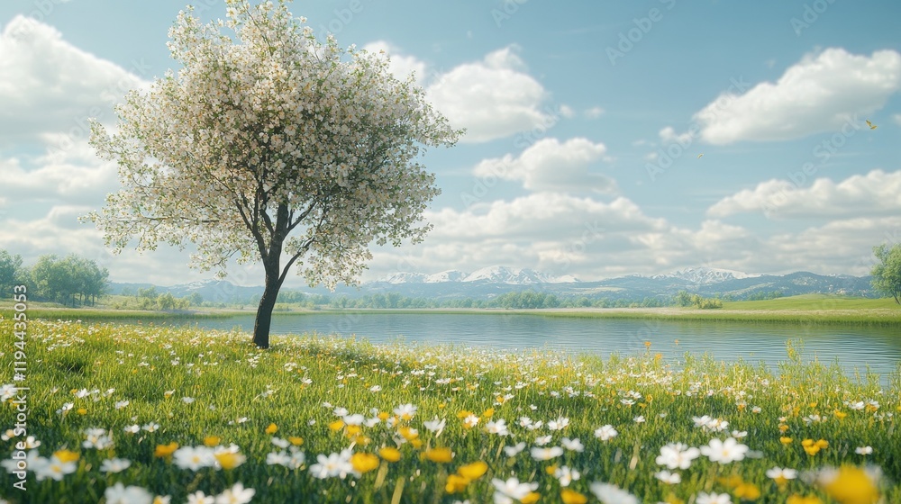 Serene spring landscape with blossoming tree and peaceful lake under blue sky Serene spring landscape with blossoming tree and peaceful lake under blue sky