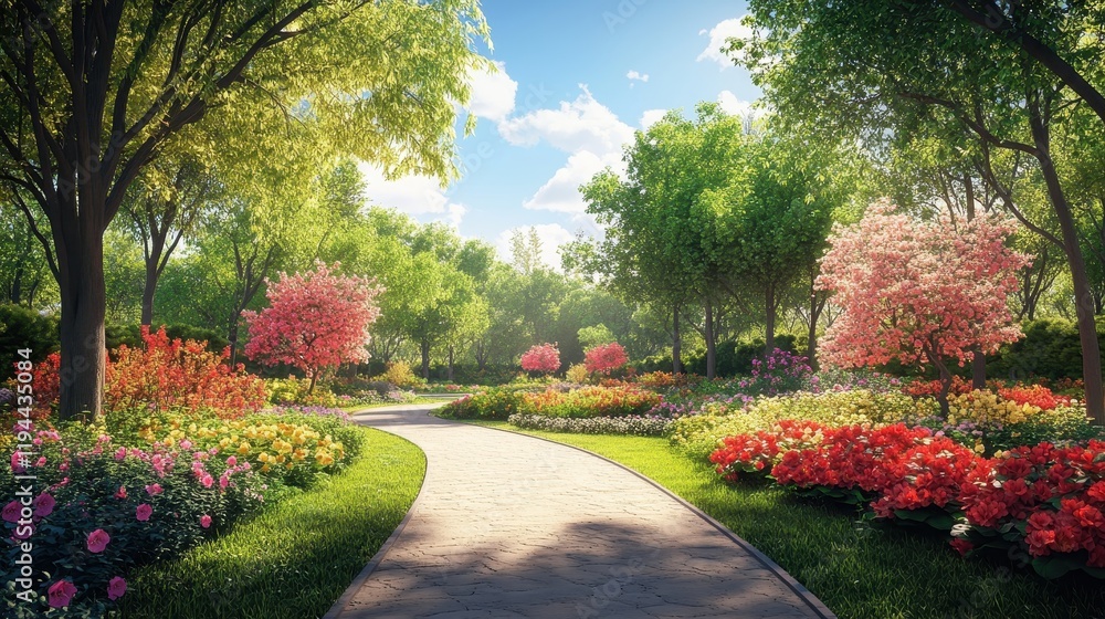 Fototapeta premium Serene garden path lined with colorful flowers under a clear blue sky