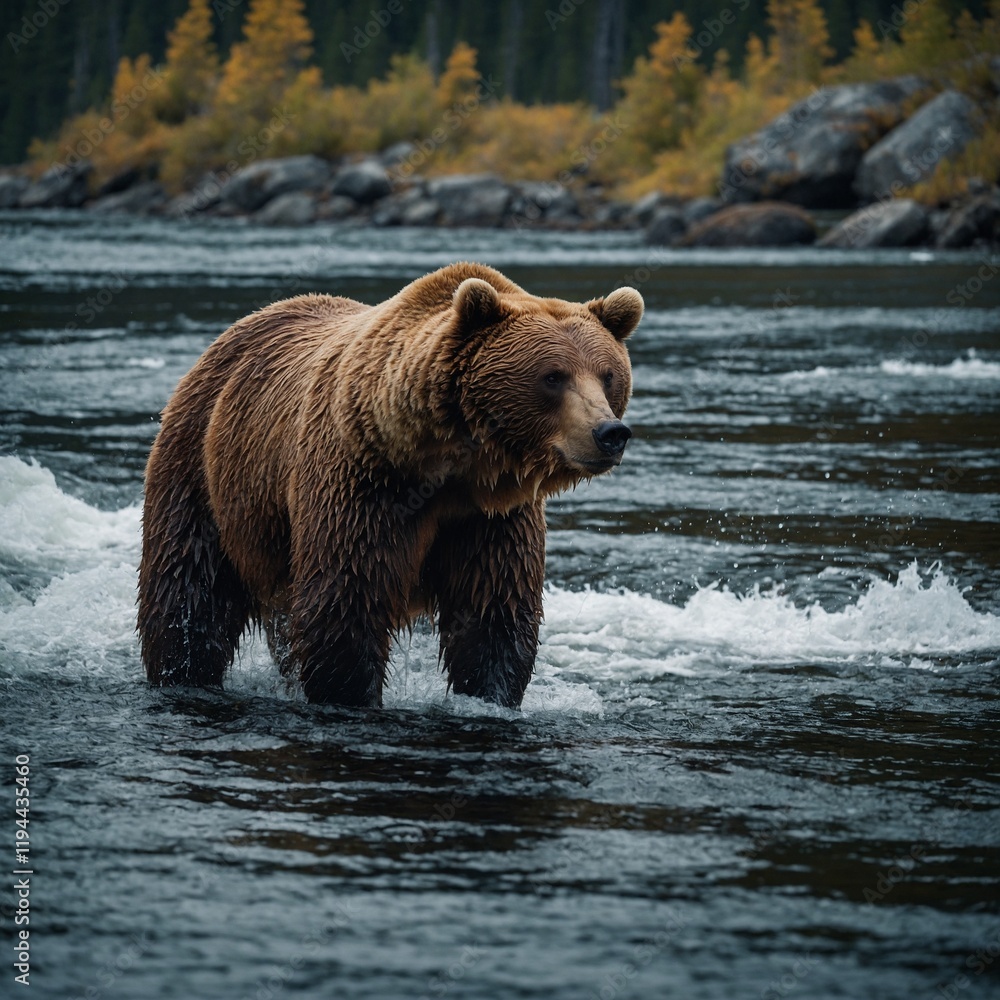 Highlight a bear fishing during the salmon run. Highlight a bear fishing during the salmon run.