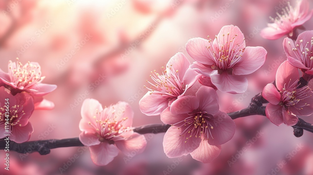 Naklejka premium Blossoming pink cherry blossoms in soft sunlight