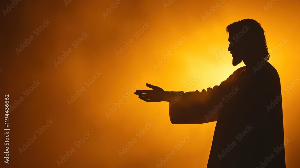 Silhouette of Jesus reaching out hand, isolated on bright background Silhouette of Jesus reaching out hand, isolated on bright background