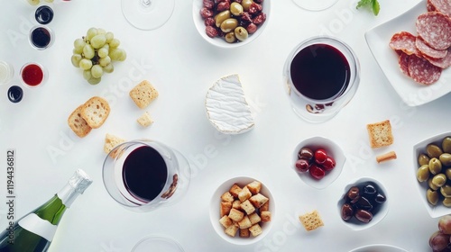 A stylish appetizer layout showcasing Italian wine, Camembert cheese, grapes, olives, croutons, and meat snacks, set on a minimalist white background for a luxury concept photo