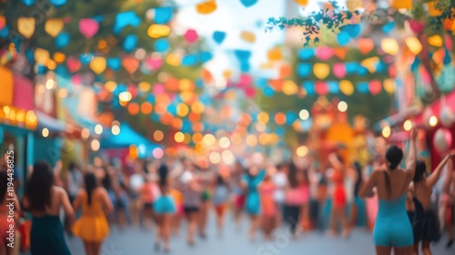 Vibrant street festival with colorful decorations and dancing